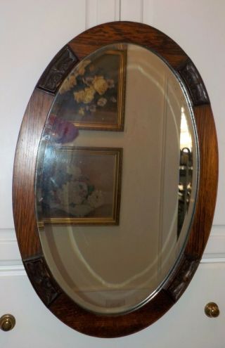 Antique Arts & Crafts Mission Large Oval Oak Wood Beveled Mirror Frame C1910s