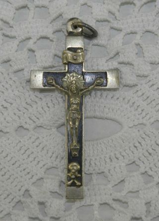 Vtg Nickel Brass & Ebony Crucifix Pendant 2 1/2 " Skull Crossbones Catholic