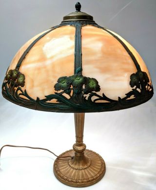 Art Nouveau 8 - Panel Bent Slag Carmel Glass Shade Table Lamp Floral Vine 2 Socket
