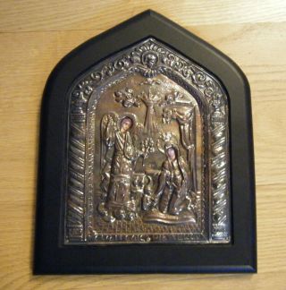 Greek Orthodox Byzantine Christian Art 950 Silver Icon,  The Annunciation 10x8