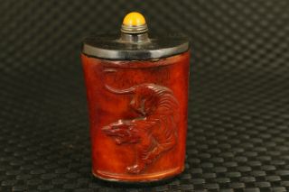 Big Unique Chinese Old Yak Horn Hand Carved Tiger Statue Snuff Bottle