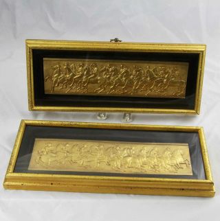 Pair 19th C Fine Gilt Bronze Grand Tour Plaques Framed In Shadowbox