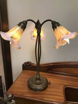 Authentic Tiffany Studios Three - Lily Bronze Table Lamp