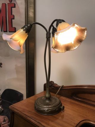 Authentic Tiffany Studios Three - Lily Bronze Table Lamp 2