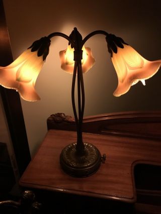 Authentic Tiffany Studios Three - Lily Bronze Table Lamp 3