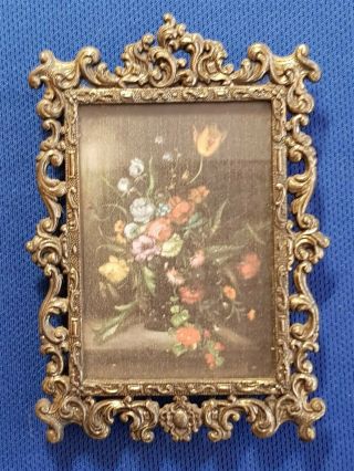 Vintage Ornate Brass Frame With Silk Picture Flowers Made In Italy