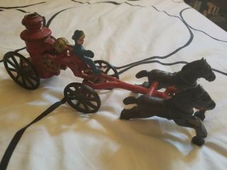 Vintage Fireman Cast Iron Toy Horse Drawn Fire Engine Truck Carriage Wagon 2 Pc.