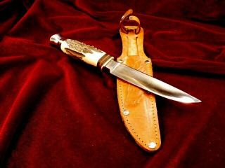Rare Minty 50s - 60s Solingen Germany Stag Bone Etched Hunting Knife,  Vintage Case