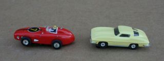 Vintage Aurora Ho Scale T Jet Slot Cars Lt.  Yellow Corvette & Red Indy Racer