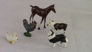 5 Vintage Cast Lead Mini Farm Animals Usa - - Horse Rooster - Dog - - Mini Cow & Duck