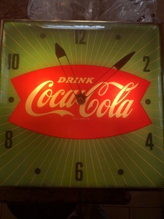 Vintage 1960’s Fishtail Coca Cola Clock Pam Wall Clock Lights Up