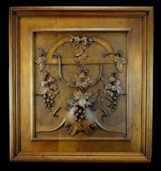 Antique French Hand Carved Walnut Wood Wall Panel Of Wine Bunch Of Grapes