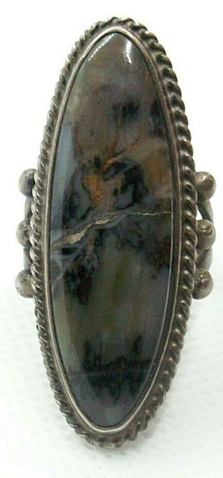 Huge Vintage Pawn Style Petrified Wood Agate Coin Silver Ring Sz 7 1/2