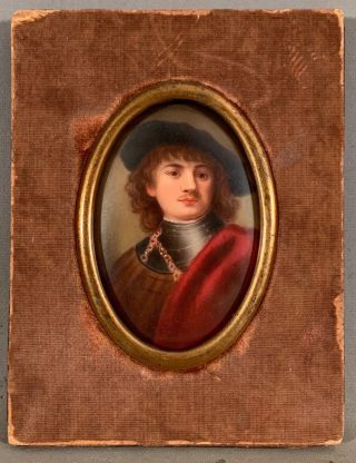 Antique Miniature Portrait Oil Painting On Porcelain Old 17thc Style Gentleman