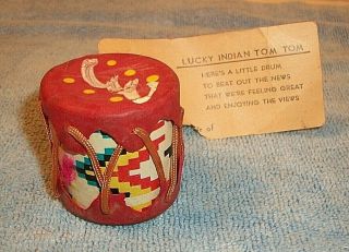 Vintage Souvenir Toy Drum " Lucky Indian Tom Tom " W/mailing Card