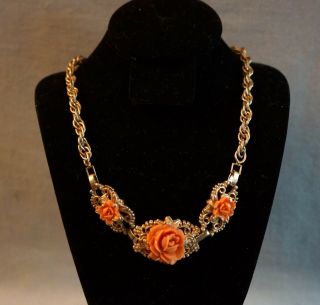 Vintage Faux Coral Carved Celluloid Rose Floral Necklace Choker Gold Tone