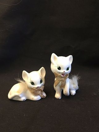 Vintage White Cats With Fur Tails And Bows By Enesco Salt And Pepper Shakers