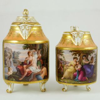 Antique Royal Vienna Porcelain Teapot & Creamer Hand Painted Nude,  Gold Enamel