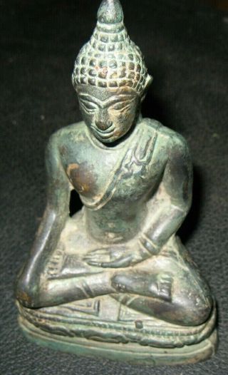 Buddha Of Bronze With Green Patina,  Very Old,  5 1/2 "