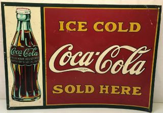 Vintage 30s Coca - Cola Tin Sign Coke Drink Bottle Soda Pop Fountain General Store