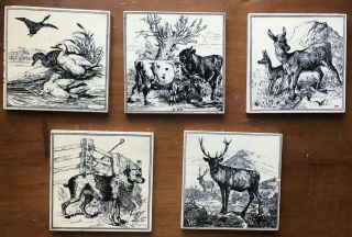 5 Antique Minton Hollis Stoke On Trent Tiles - Dog,  Deer,  Ducks,  Cows,  Reindeer