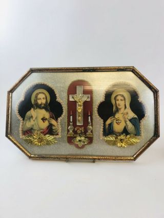 Vintage Religious Picture In Glass & Metal Frame - Convex Glass Mary And Jesus