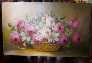Vintage C.  1930s Blossoming Peonies In Basket Still Life Oil On Board Painting