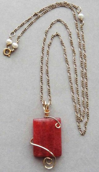 Vintage 16 - 19 " 14k Gold Chain Natural Seed Pearls Rare Red Beryl Stone