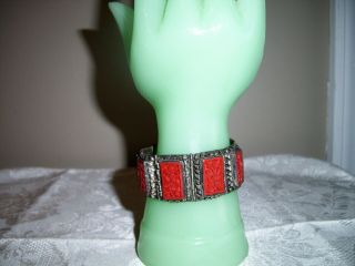 Vintage Chinese Silver Tone Filigree Carved Cinnabar Bracelet Marked China