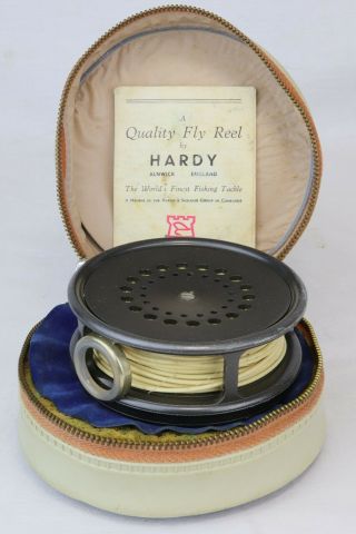 Vintage Hardy Bros.  " The Perfect " 3 3/8 " Fly Fishing Reel In Vinyl Pouch W/paper