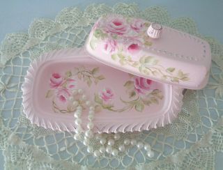 Romantic Roses Trinket Dish Hp Cottage Chic Shabby Vintage Hand Painted