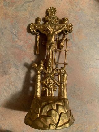 Rare Antique Crucifix W/jesus Rooster Ladder Lantern Spear Skull & Crossbones