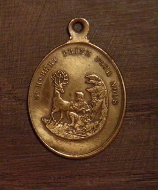 Antique Religious Bronze Medal Pendant Saint Hubertus With Dog And Holy Deer