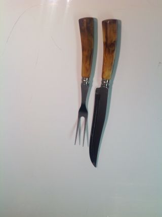 Vintage Carving Knife & Fork Set Westfield Curved Ivory Swirl Bakelite Handles