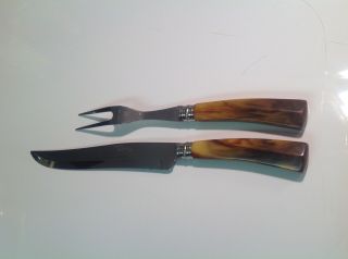 Vintage Carving Knife & Fork Set Westfield Curved Ivory Swirl Bakelite Handles 2