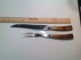 Vintage Carving Knife & Fork Set Westfield Curved Ivory Swirl Bakelite Handles 3