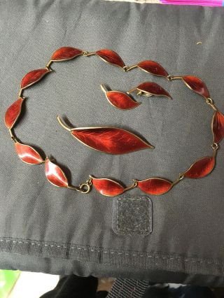 Vintage David Andersen Sterling Red Leaf Enamel Necklace,  Earrings & Brooch 925s