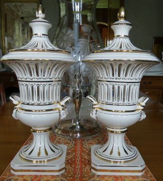 Vintage Pair Italian Urns Gold Gilt Reticulated Porcelain Potpourri Neoclassical