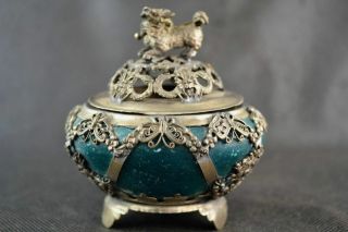 Chinese Old Tibetan Silver Carving Kylin Inlay Jade Incense Burner