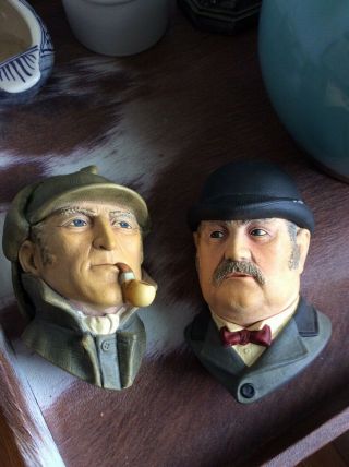 Bosson England Vintage Sherlock Holmes & Dr Watson Set Of 2 Chalkware Heads
