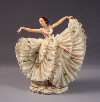 Figurine Ballerina In White Dress Rare Piece Large Dresden Volkstedt Dance