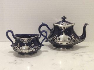 Antique Cobalt Blue Tea Pot/sugar Bowl,  Art Nouveau Sterling Silver Overlay,  “s”