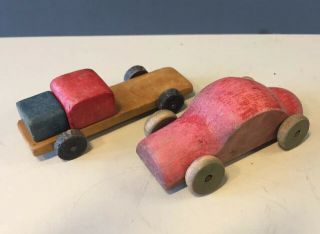 Vintage Hand Made Wooden Toy Car,  Truck,  Painted,  With Moving Wheels,  Naive