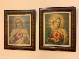 Vintage Framed Prints Of Immaculate Heart Of Mary & Sacred Heart Of Jesus
