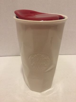 Starbucks Faceted Ceramic Mug Tumbler 10 Oz Red Lid 2013