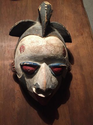 African Wood Carved Mask With Bird On Head Primitive Wall Art 2