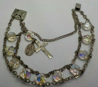 Vintage Religious Sterling Silver Aurora Borealis Crystal Bracelet Cross Charm
