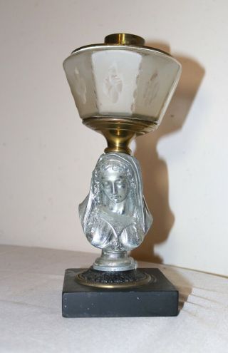 Antique Figural Virgin Mary Bust Oil Lamp Glass Cast Iron Brass Metal Marble