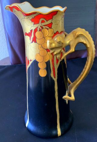 Very Rare J.  P.  L Limoges Hand Painted Tankard Grape Gold Dragon Handle 10 1/4