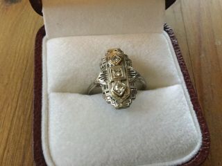 Vintage 14k White Gold Ring With 3 Small Cut Diamonds.  Size 6.